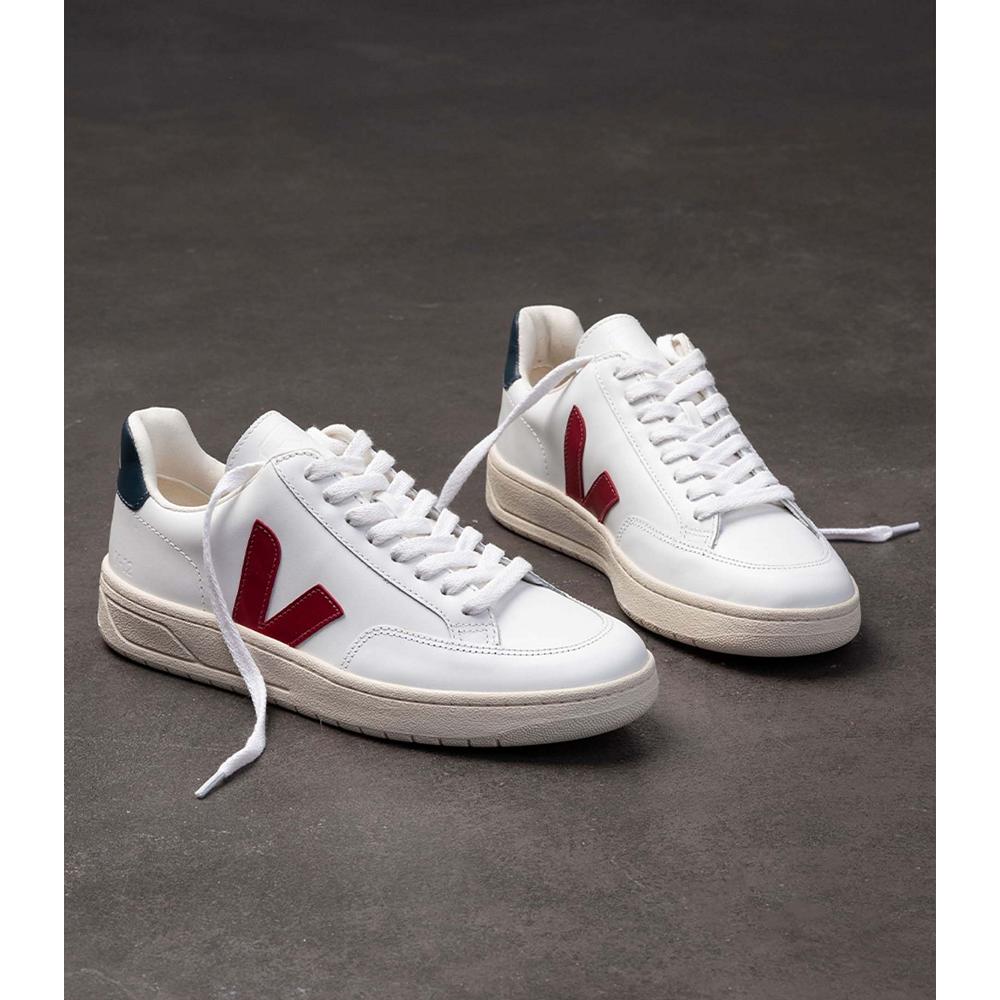 Men's Veja V-12 LEATHER Sneakers White/Red | ZA 341PJJ